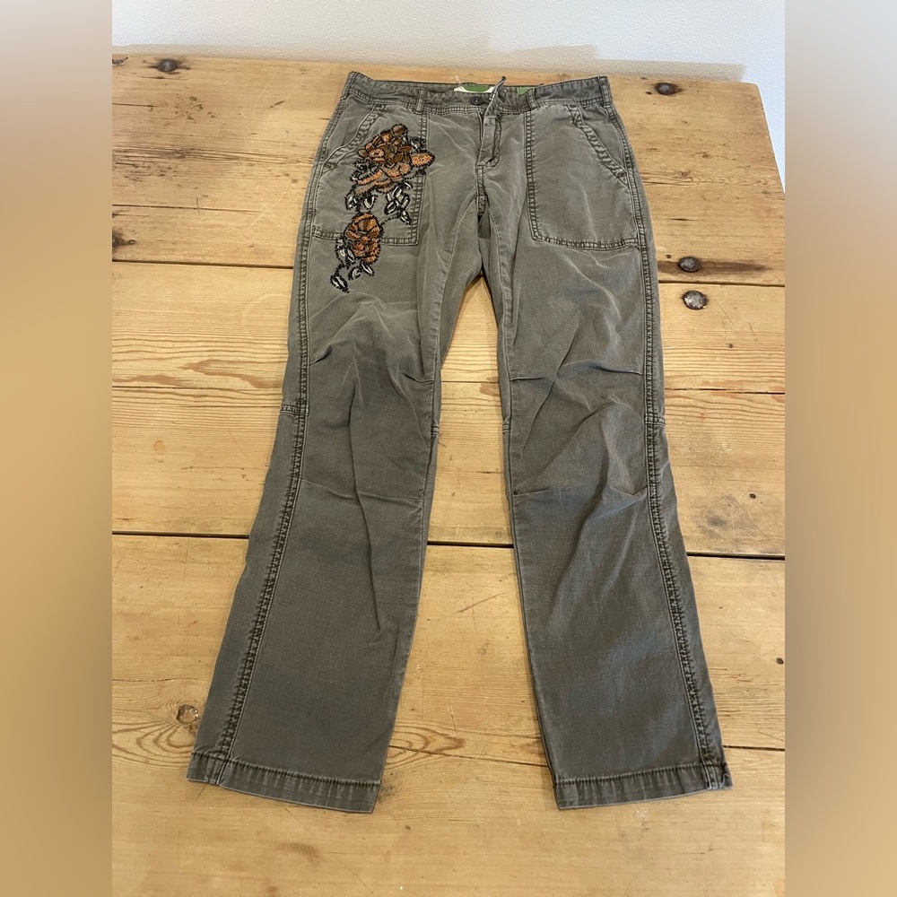 Anthropologie Olive Green Wanderer Pants with beading detail size 25